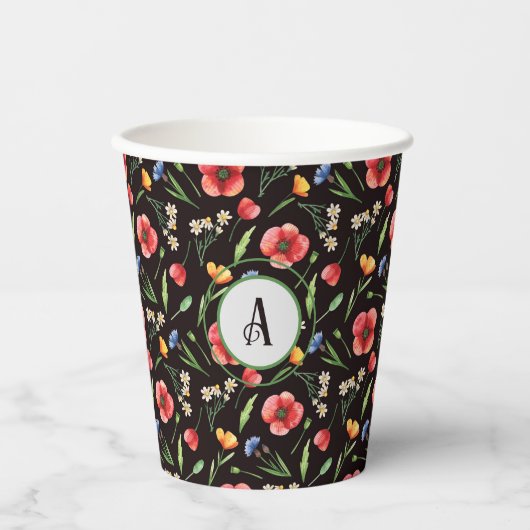 Monogram Kleurrijke Poppies & Wildflower Patroon Papieren Bekers (Voorkant)
