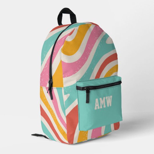 Monogram Kleurrijke Retro Golvende Strepen Bedrukte Rugzak (Achterkant Hoek Links)