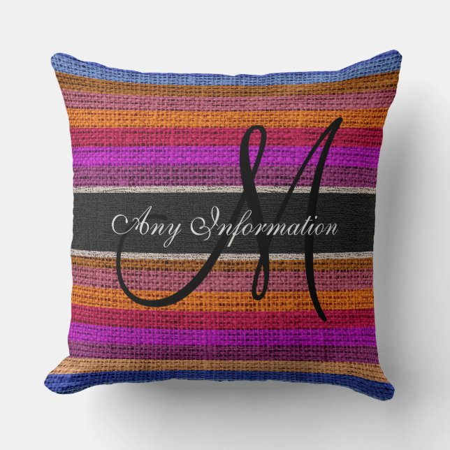 Monogram kleurrijke Stripes Burlap Rustic Jute #11 Kussen (Voorkant)