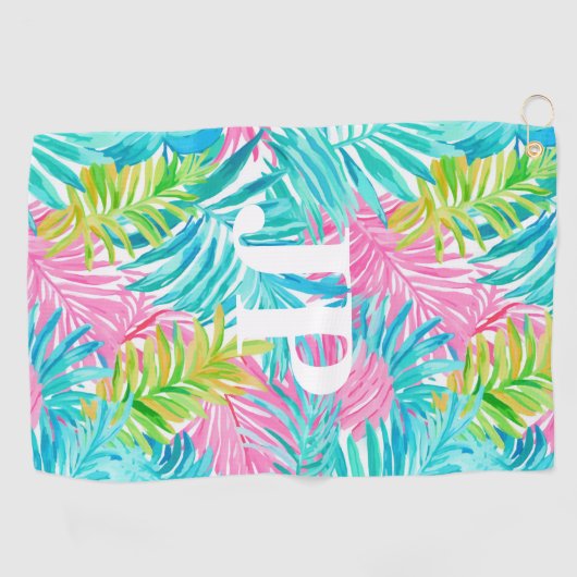 Monogram Kleurrijke Tropische Bladeren Custom Golfhanddoek (Horizontaal)