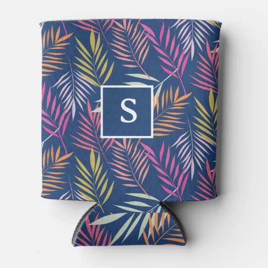 Monogram Kleurrijke Tropische Palmbladeren Blikjeskoeler (Voorkant)