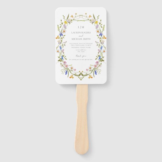  Monogram Kleurrijke Tuin Huwelijksprogramma Handwaaier (Voorkant)