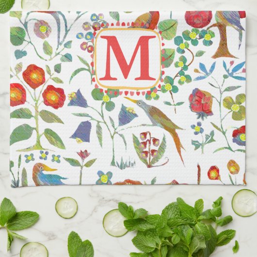Monogram Kleurrijke  Vogels Bloemenpatroon Theedoek (Gevouwen)