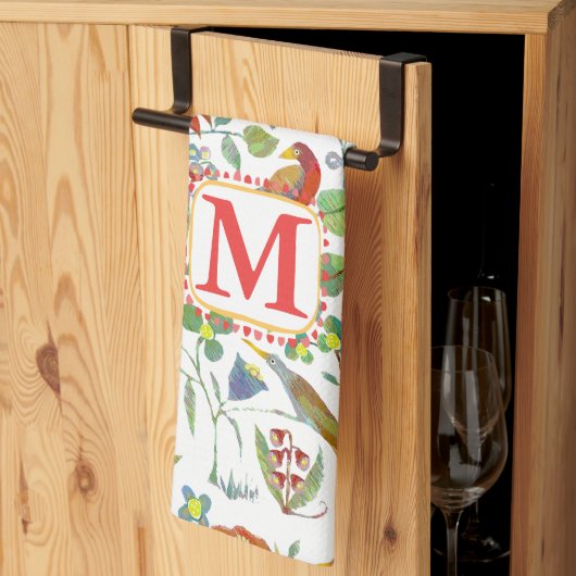 Monogram Kleurrijke  Vogels Bloemenpatroon Theedoek (Derde Gevouwen)