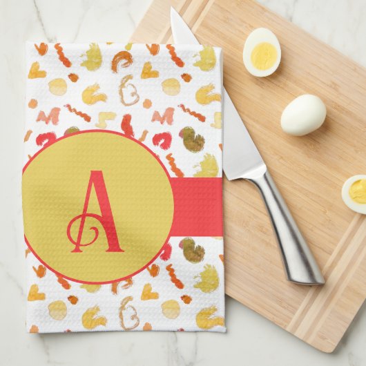 Monogram Kleurrijke Vormen Rode Streep Theedoek (Quarter Fold)
