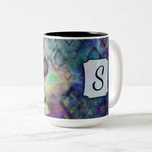 Monogram, Kleurrijke Waterverf Abstract w / Diamon Tweekleurige Koffiemok (Voorkant rechts)