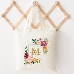 Monogram Kleurrijke Waterverf Roos Bloemige Botani Tote Bag