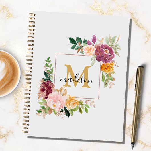 Monogram Kleurrijke Waterverf Rozen Bloemenrecept Notitieboek