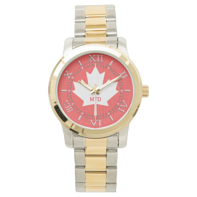 Monogram Knit Style Red Maple Leaf Knitting Motif Horloge (Voorkant)