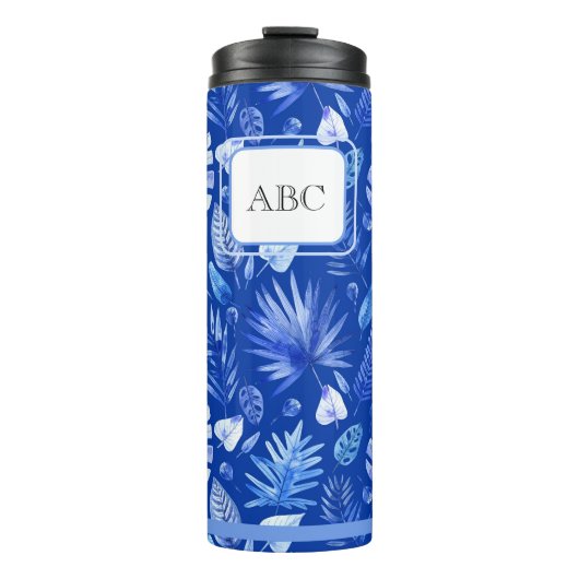 Monogram Kobalt Blauw Tropisch Bladeren Patroon 11 Thermosbeker (Voorkant)