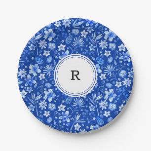 Monogram, kobalt blauw tropische bloemen patroon 7 papieren bordje