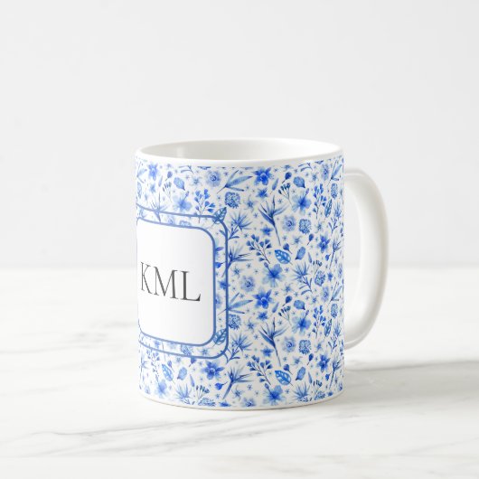 Monogram Kobalt Blauwe Bloemen & bladeren Patroon Koffiemok (Voorkant rechts)