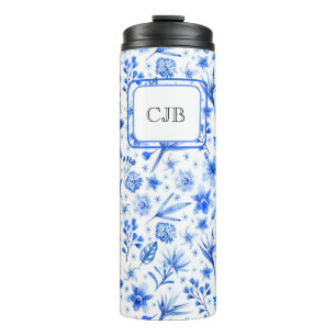 Monogram Kobalt Blauwe Bloemen & bladeren Patroon Thermosbeker