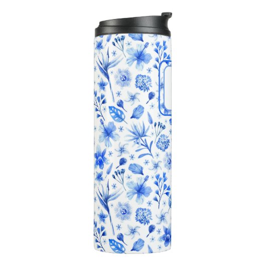 Monogram Kobalt Blauwe Bloemen & bladeren Patroon  Thermosbeker (Gedraaid links)