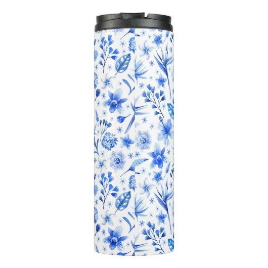 Monogram Kobalt Blauwe Bloemen & bladeren Patroon Thermosbeker (Achterkant)
