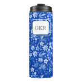 Monogram Kobalt Blauwe Bloemen & bladeren Patroon  Thermosbeker (Voorkant)