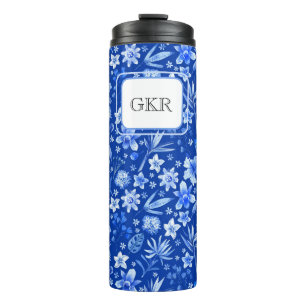 Monogram Kobalt Blauwe Bloemen & bladeren Patroon  Thermosbeker