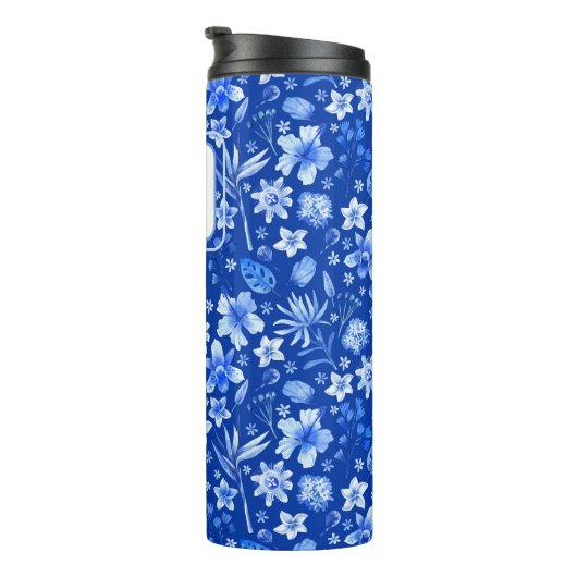 Monogram Kobalt Blauwe Bloemen & bladeren Patroon  Thermosbeker (Geroteerd rechts)