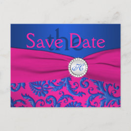Monogram Kobalt en Fuchsia Save the Date Kaart