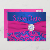 Monogram Kobalt en Fuchsia Save the Date Kaart (Voorkant / Achterkant)