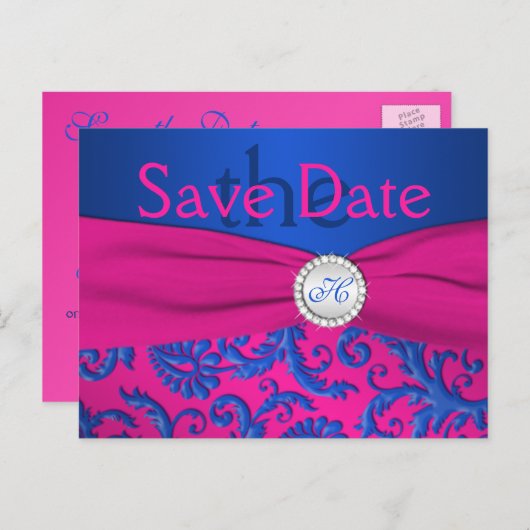Monogram Kobalt en Fuchsia Save the Date Kaart (Voorkant / Achterkant)