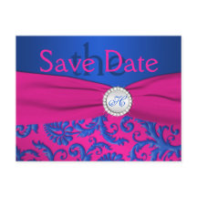 Monogram Kobalt en Fuchsia Save the Date Kaart