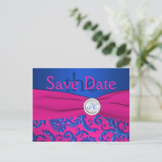 Monogram Kobalt en Fuchsia Save the Date Kaart (Staand voorkant)