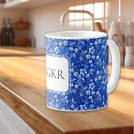 Monogram Kobaltblauwe Bloemen & Bladeren Patroon 1 Koffiemok
