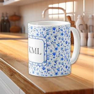 Monogram Kobaltblauwe Bloemen & Bladeren Patroon 1 Koffiemok
