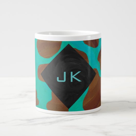 Monogram Koe Bruin en Blauwgroen afdrukken Grote Koffiekop (Voorkant)