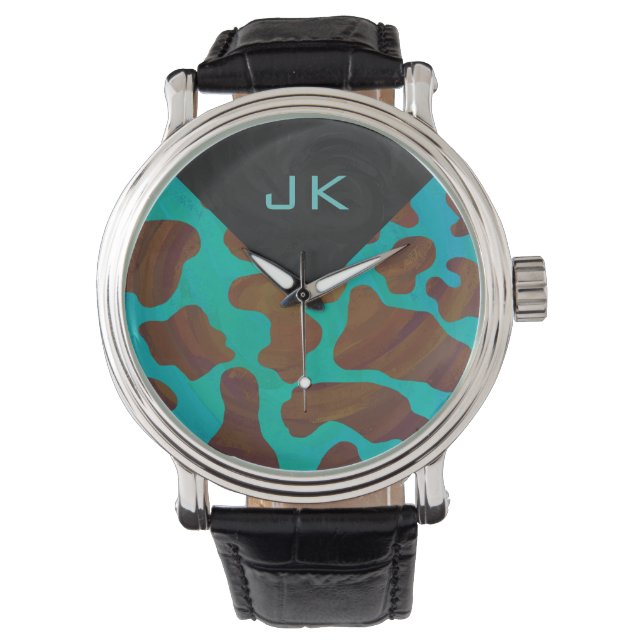 Monogram Koe Bruin en Blauwgroen afdrukken Horloge (Voorkant)