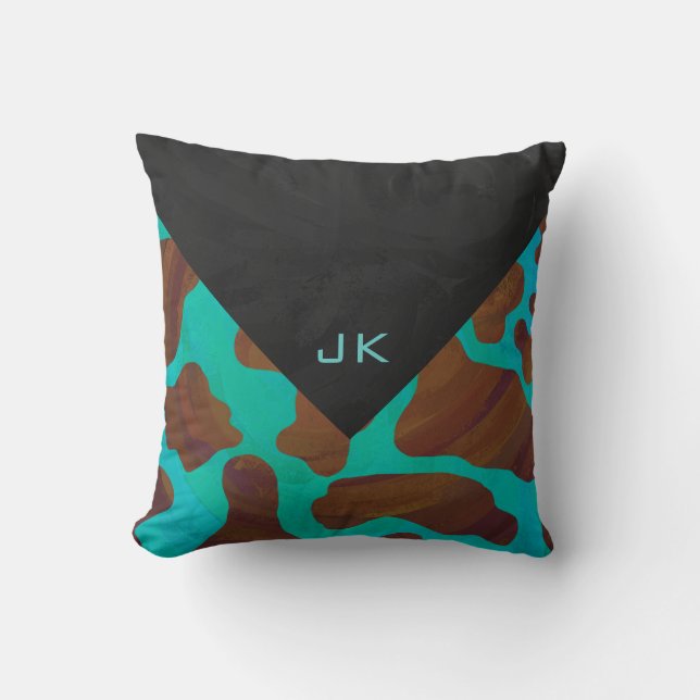 Monogram Koe Bruin en Blauwgroen afdrukken Kussen (Voorkant)