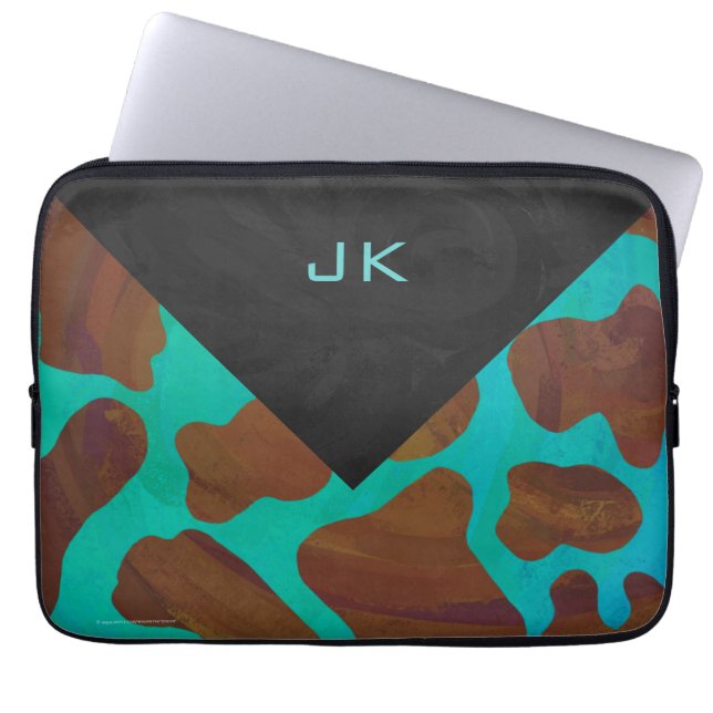 Monogram Koe Bruin en Blauwgroen afdrukken Laptop Sleeve (Voorkant)