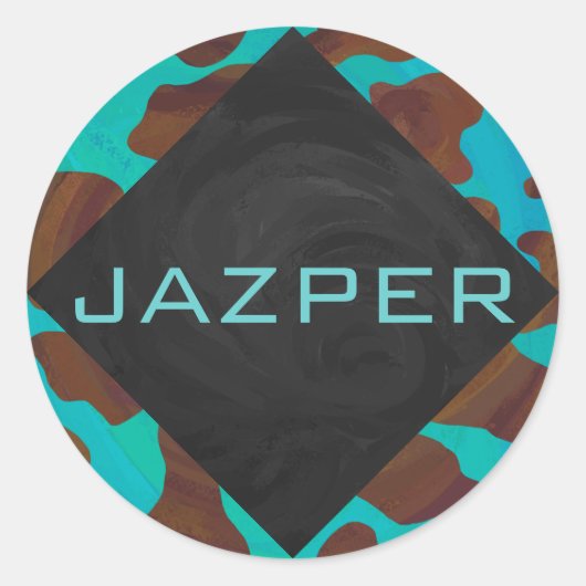 Monogram Koe Bruin en Blauwgroen afdrukken Ronde Sticker (Voorkant)