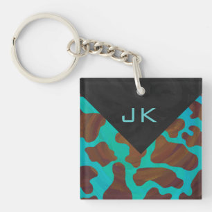 Monogram Koe Bruin en Blauwgroen afdrukken Sleutelhanger
