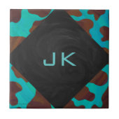 Monogram Koe Bruin en Blauwgroen afdrukken Tegeltje (Voorkant)