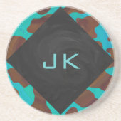 Monogram Koe Bruin en Blauwgroen afdrukken Zandsteen Onderzetter (Voorkant)