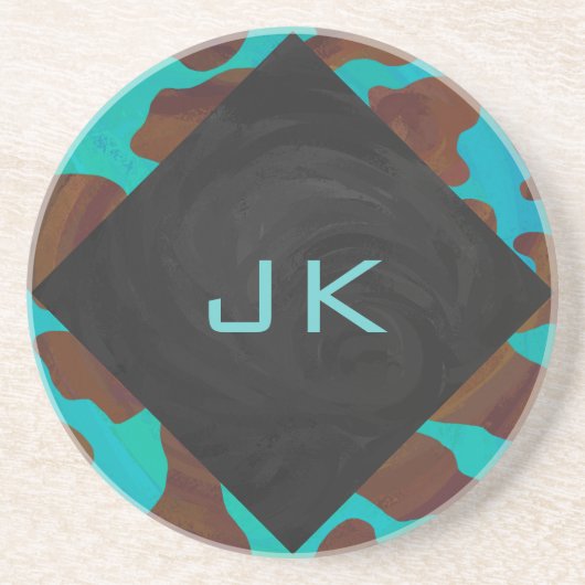 Monogram Koe Bruin en Blauwgroen afdrukken Zandsteen Onderzetter (Voorkant)