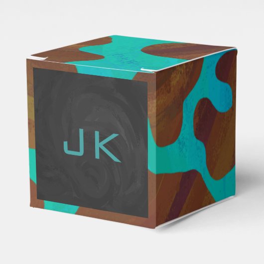 Monogram Koe Bruin en Turkoois Print Bedankdoosjes (Voorkant Zijde)