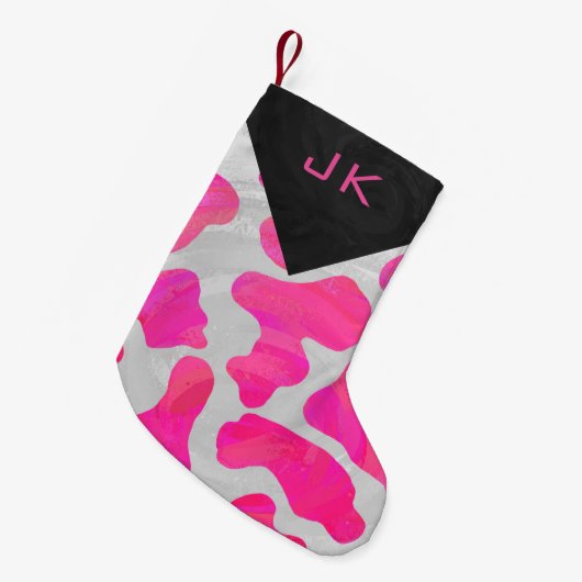 Monogram Koe Heet Roze en Wit Drukpatroon Kleine Kerstsok (Voorkant (Hangend))