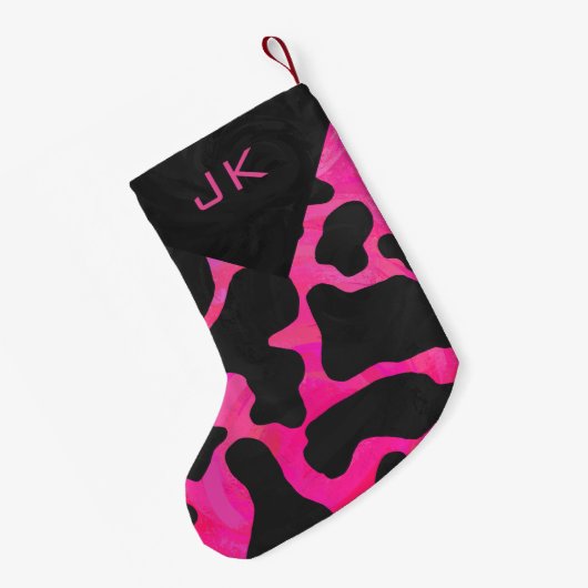 Monogram Koe Hot Pink en Black Print Pattern Kleine Kerstsok (Achterkant (Hangend))