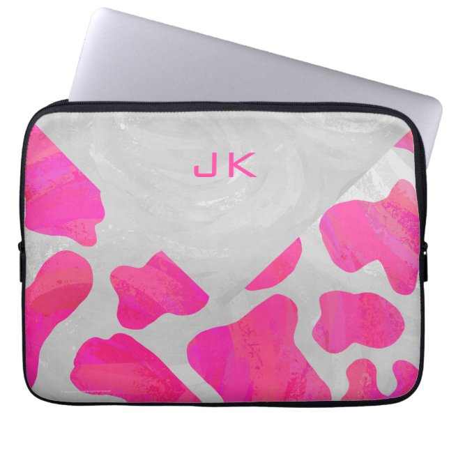 Monogram Koe Hot Pink en White Print Laptop Sleeve (Voorkant)