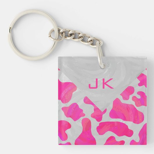 Monogram Koe Hot Pink en White Print Sleutelhanger (Voorkant)