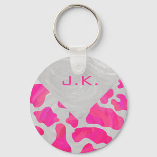 Monogram Koe Hot Pink en White Print Sleutelhanger