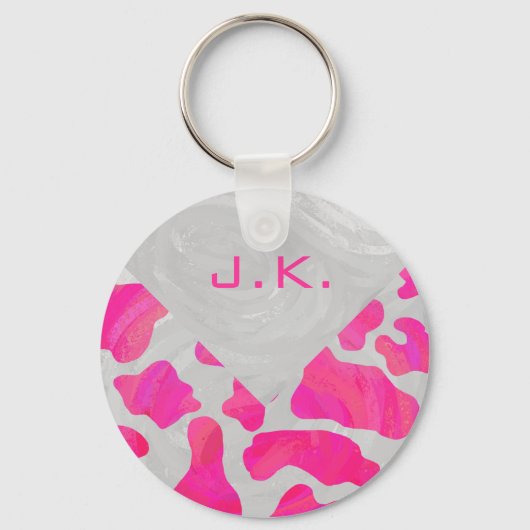 Monogram Koe Hot Pink en White Print Sleutelhanger (Voorkant)