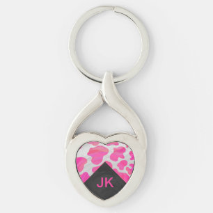 Monogram Koe Hot Pink en White Print Sleutelhanger