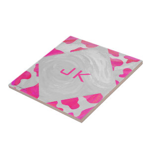 Monogram Koe Hot Pink en White Print Tegeltje