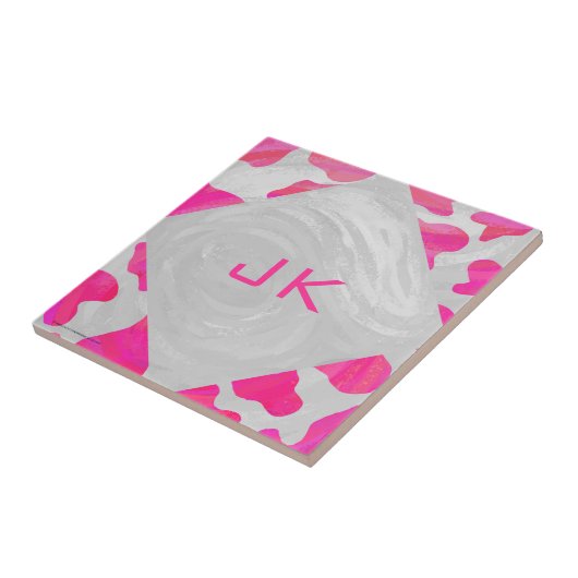 Monogram Koe Hot Pink en White Print Tegeltje (Zijkant)