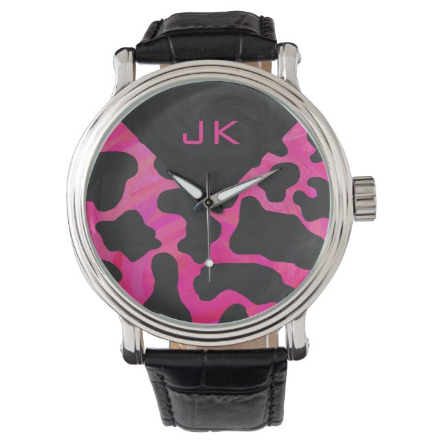 Monogram Koe Hot Pink en zwarte afdrukken Horloge (Voorkant)