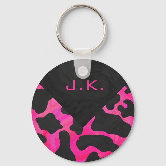 Monogram Koe Hot Pink en zwarte afdrukken Sleutelhanger (Voorkant)